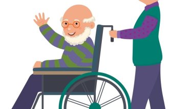Bildet viser en illustrasjon av en mann i rullestol og en dame som triller ham