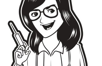 Illustrasjonen viser en sykepleier som smiler offensivt og står klar med en sprøyte.