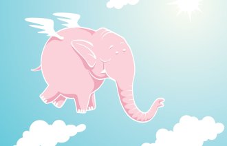 Illustrasjon av rosa elefant omgitt av skyer