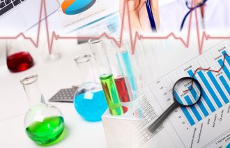 Collage av grafer laboratorieapparater med en ung sykepleier