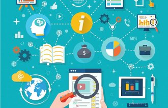 database Illustrasjon med symboler for ulike informasjonskilder.