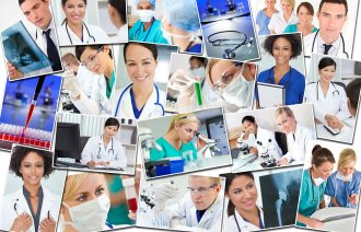 Bildet viser en montasje av ansatte på sykehus, som leger og sykepleiere