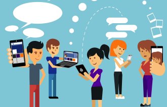 Illustrasjonen viser unge mennesker med PC-er og mobiltelefoner. De kommuniserer med hverandre og leser informasjon.