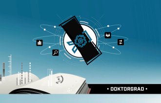 Doktorgrad Illustrasjonen viser en oppslått bok med ulike grafer som kommer ut. Over svever en klode med symboler rundt. Et diplom ligger over kloden. Nederst til høyre står teksten "Doktorgrad".