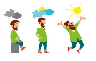 Bildet viser en mann i tre stadier, først som deprimert, så lysner det litt, og til slutt skinner solen