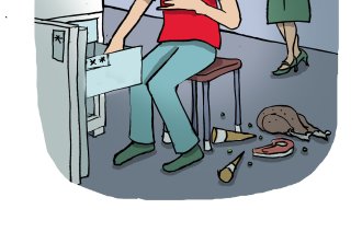 Illustrasjon av mann som stikker armen inn i fryseren mens kona sier: "Men Arild, du skal jo bare ta ut en flis. Du trenger ikke fryse hele armen!"