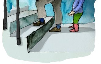 Illustrasjon av en mormor som går opp trappen mens barnebarnet, som står bak,  sier: "Kom igjen, mormor. Dette klarer du! Jeg tar imot deg om du faller."