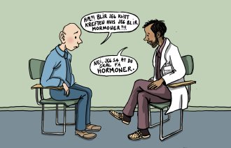 Illustrasjonen viser en kreftsyk som sier følgende til legen: "Hæ, blir jeg kvitt kreften hvis jeg blir mormoner?!!". Legen svarer: "Nei, jeg sa at du skal få hormoner."