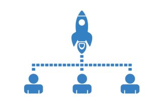 Rakett og mannskap Illustrasjonen viser en rakett med tre mennesker under. De former en slags pyramide.
