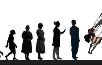 Illustrasjonen viser sykepleiere som går gjennom en utvikling à la Darwins utviklingslære, der siste trinn er en flygende superhelt-sykepleier.