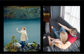 Bildet til venstre er en kvinne ute i naturen som tar en selfie; bildet til høyre er et par som ser på tv