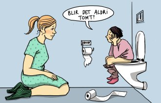 Illustrasjonen viser et barn som sitter på toalettet og sier til sin mor: "Blir det aldri tomt?"