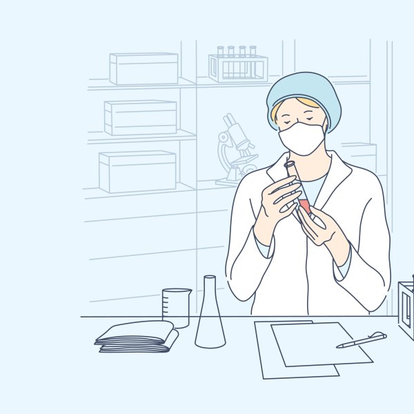 Illustrasjonen viser en helsearbeider som analyserer blodprøver.