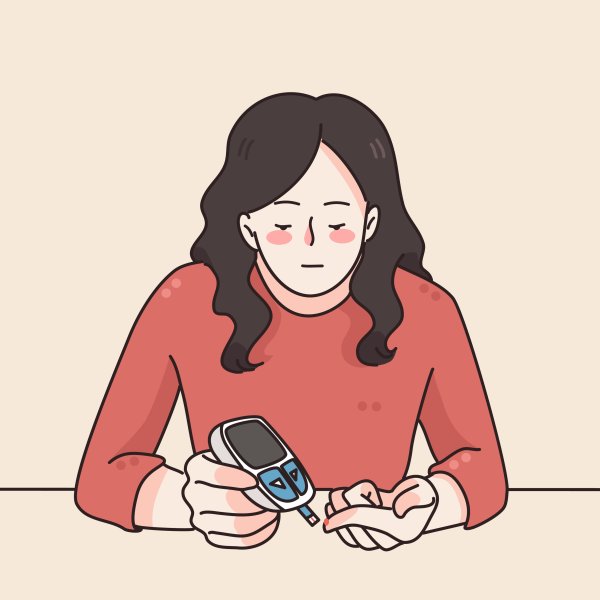 Illustrasjonen viser en kvinne som måler blodsukker med et måleapparat.