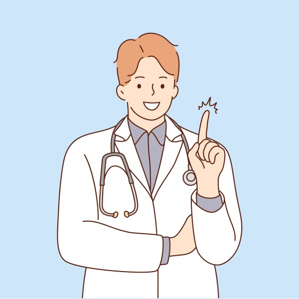 Illustrasjonen viser en mann med legefrakk og stetoskop som holder en finger i været.