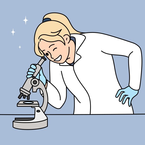 Illustrasjonen viser en kvinnelig forsker som studerer noe gjennom et mikroskop.