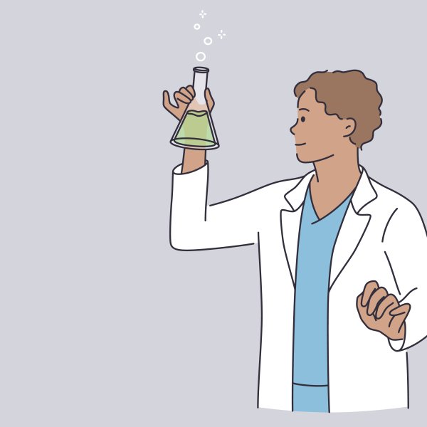 Illustrasjonen viser en mannlig helsearbeider som holder en kolbe med grønn væske.