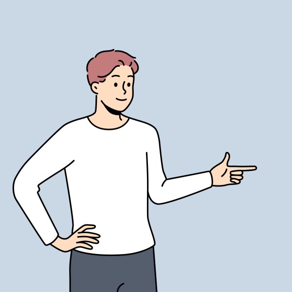 Illustrasjonen viser en mann som peker.