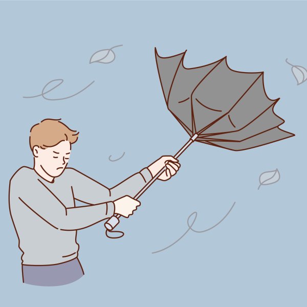Illustrasjonen viser en mann med paraply i storm.