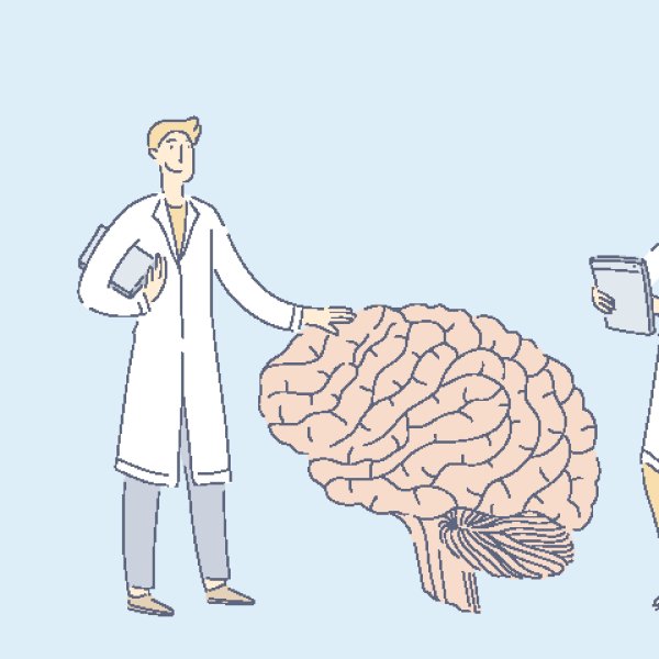 Illustrasjonen viser to helsearbeidere med en kjempestor hjerne.