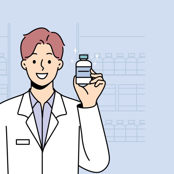 Illustrasjonen viser en mannlig helsearbeider med et pilleglass.