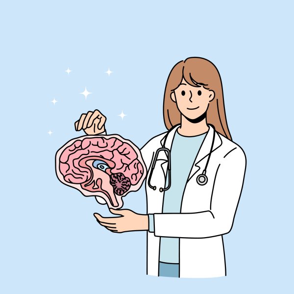 Illustrasjonen viser en kvinnelig helsearbeider som holder en hjerne.