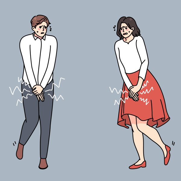 Illustrasjonen viser en mann og en kvinne som må tisse.