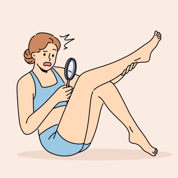 Illustrasjonen viser en kvinne som ser på benet sitt med forstørrelsesglass.