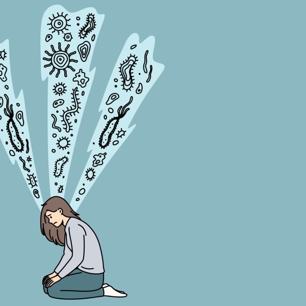 Illustrasjonen viser en kvinne som tenker på bakterier.
