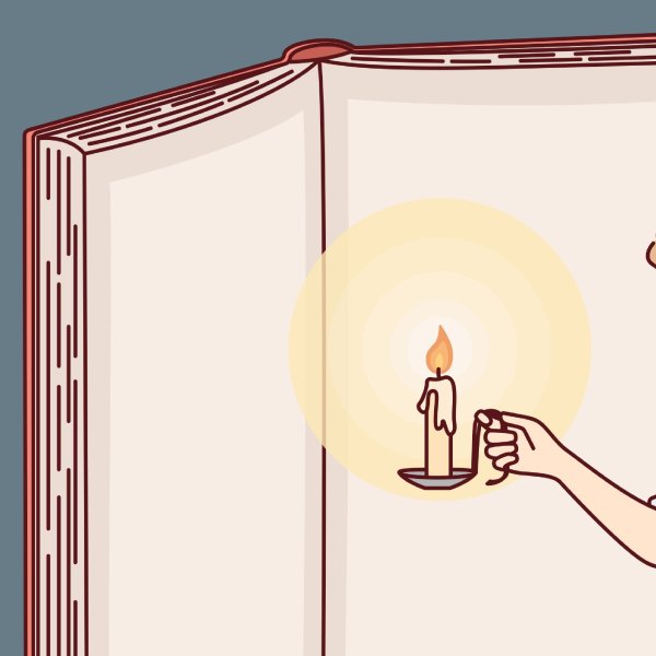 Illustrasjonen viser en mann med en lysestake og en stor bok.