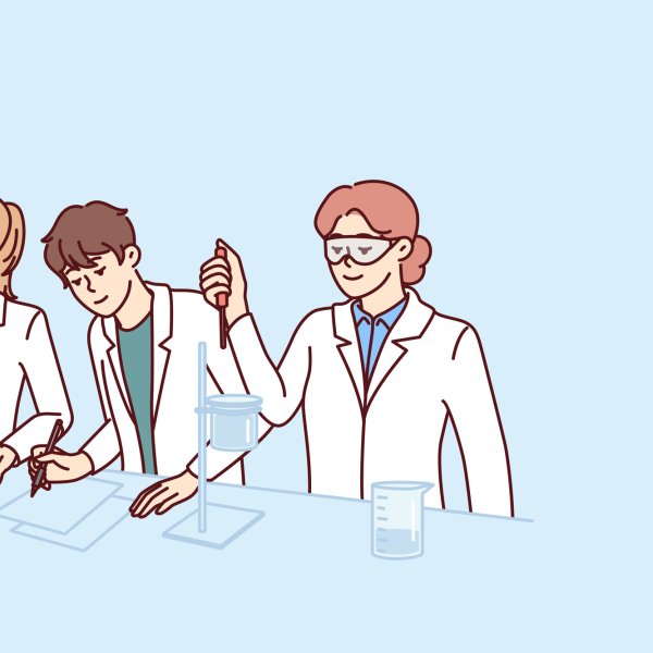 Illustrasjonen viser tre mennesker i labfrakker på laboratorium.