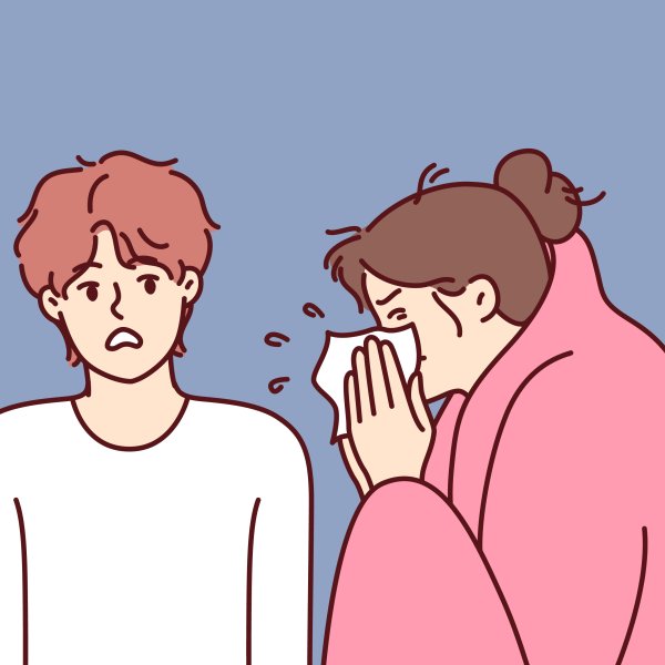 Illustrasjonen viser en jente som nyser og en gutt som viker unna.