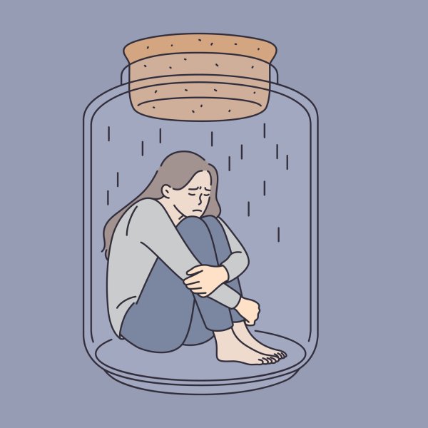 Illustrasjonen viser en kvinne inne i et glass med lokk.