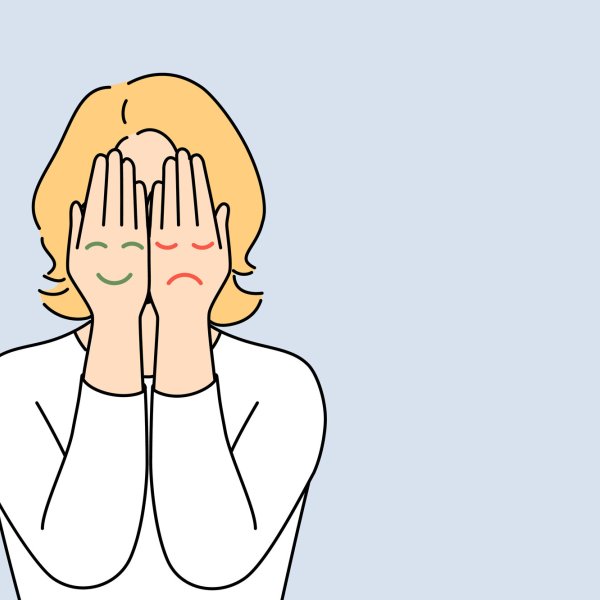 Illustrasjonen viser en kvinne med hendene for ansiktet.