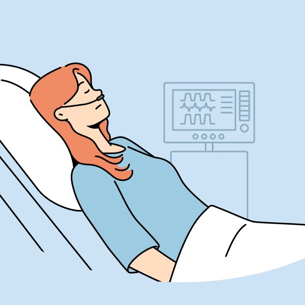 Illustrasjonen viser en kvinne i sykehusseng som får oksygen.