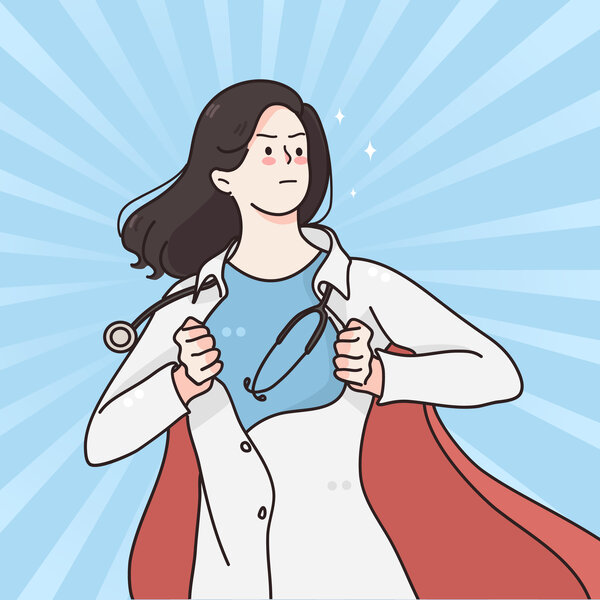 Illustrasjonen viser en sykepleier som supermann.