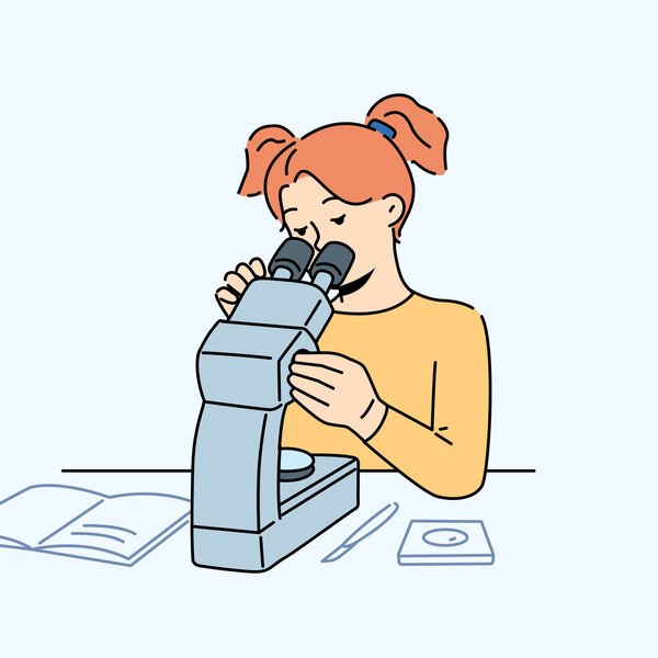 Illustrasjonen viser en jente som ser i mikroskop.