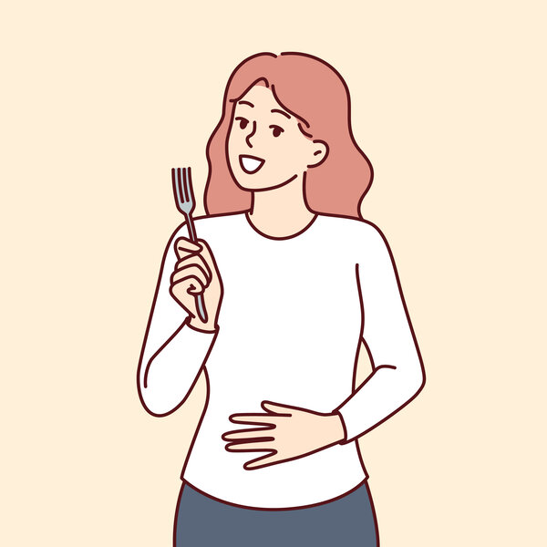 Illustrasjonen viser en kvinne med gaffel og hånden på magen.