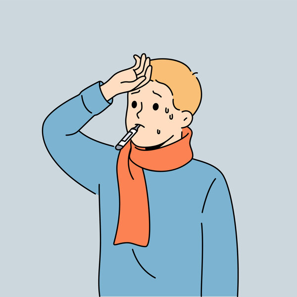 Illustrasjonen viser en gutt med feber.