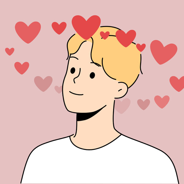 Illustrasjonen viser en gutt med hjerter rundt hodet.