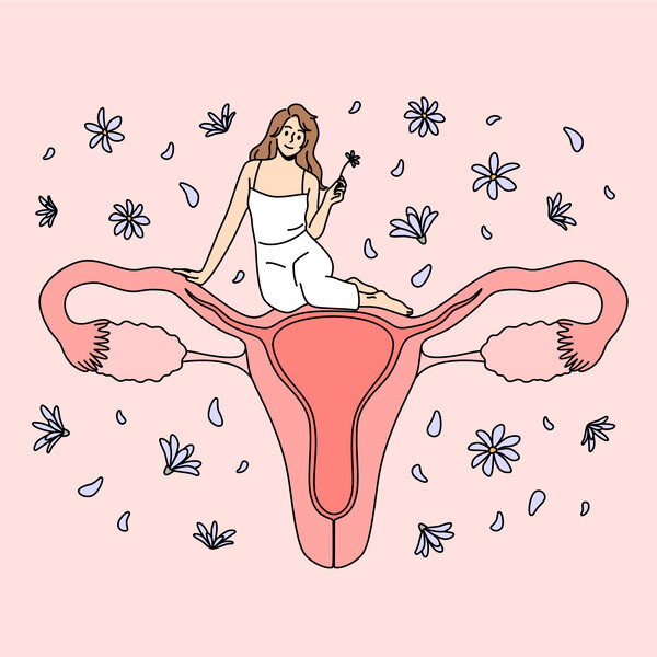Illustrasjonen viser en kvinne som sitter oppå en livmor.