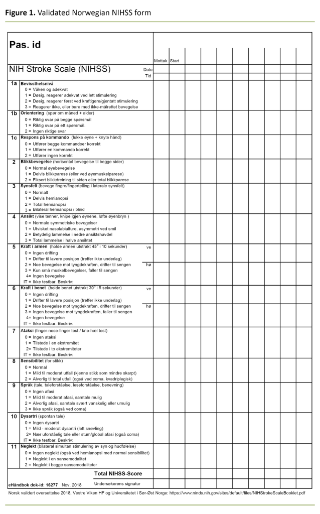 Figure 1. Validated Norwegian NIHSS form Figure 1. Validated Norwegian NIHSS form