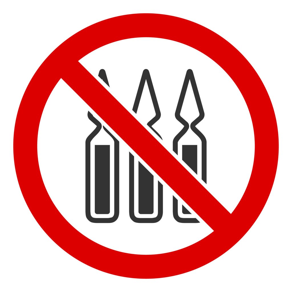 Medisin, forbud, cave Illustrasjonen viser tre ampuller med et forbudttegn over.