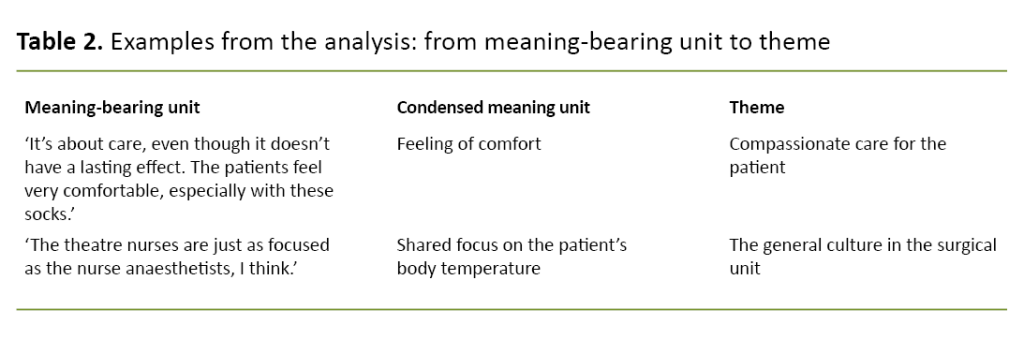 Table 2. Examples from the analysis: from meaning-bearing unit to theme Table 2. Examples from the analysis: from meaning-bearing unit to theme