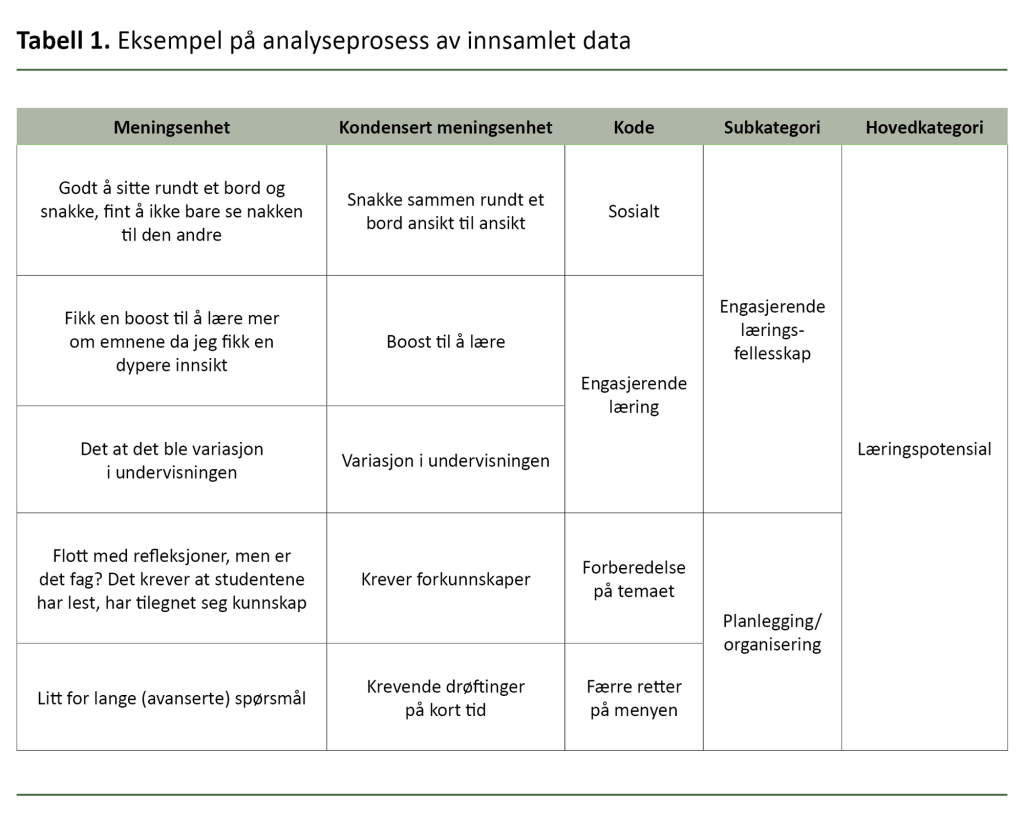 Tabell 1 Eksempel på analyseprosess av innsamlet data