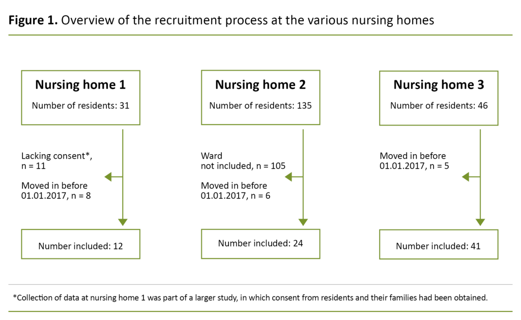 Figure 1. Overview of the recruitment process at the various nursing homes. Figure 1. Overview of the recruitment process at the various nursing homes.