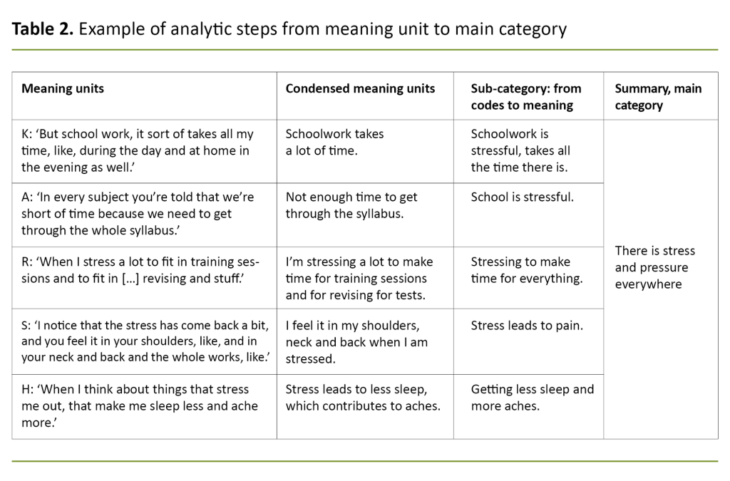 Table 2. Example of analytic steps from meaning unit to main category