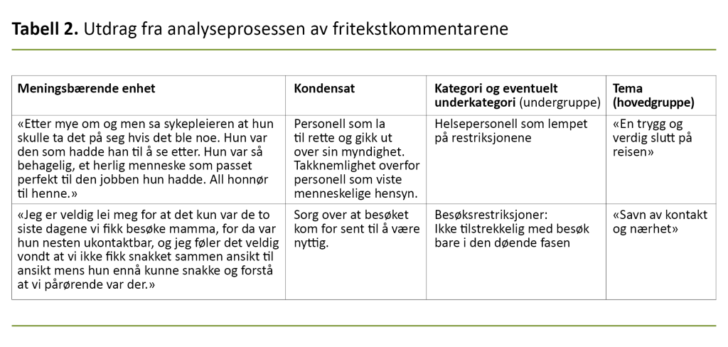 Tabell 2. Utdrag fra analyseprosessen av fritekstkommentarene Tabell 2. Utdrag fra analyseprosessen av fritekstkommentarene