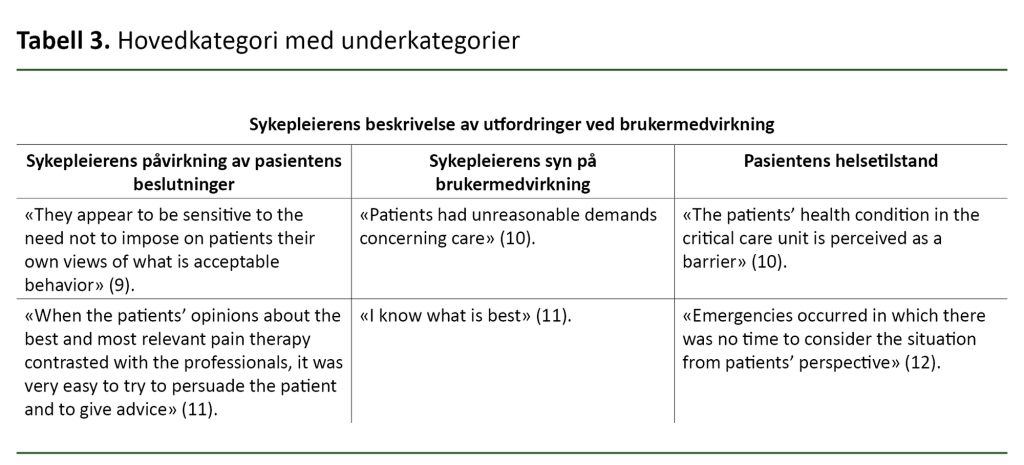 Tabell 3. Hovedkategori