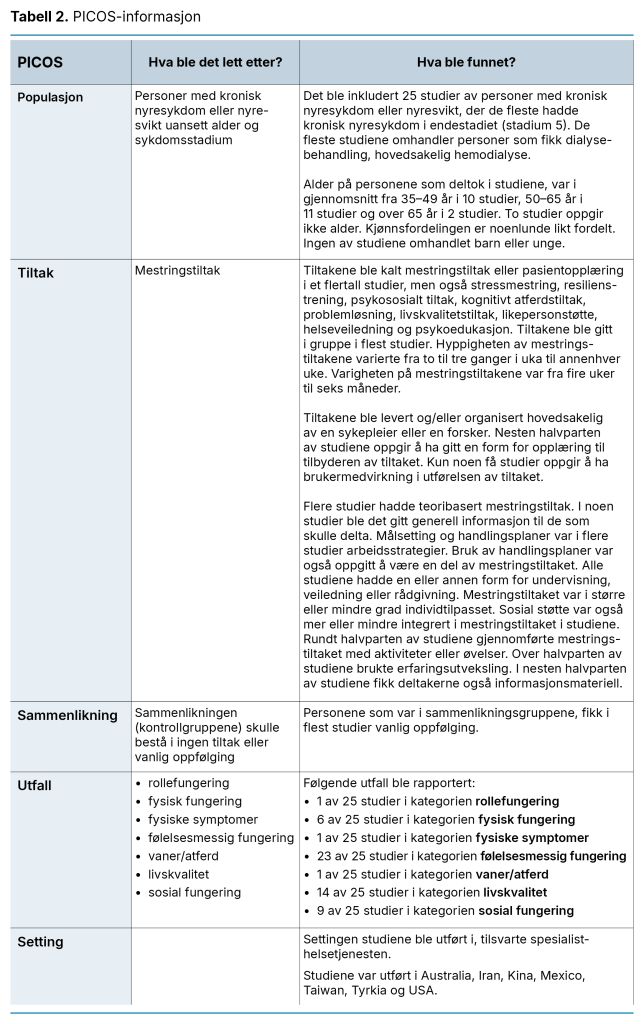 Tabell 2. PICOS-informasjon Tabell 2. PICOS-informasjon